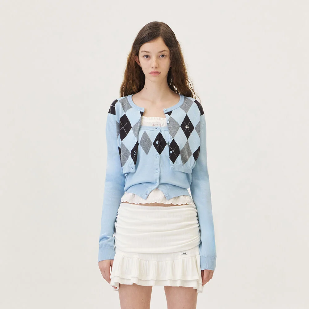 VENI ARGYLE CROP CARDIGAN (LIGHT BLUE)