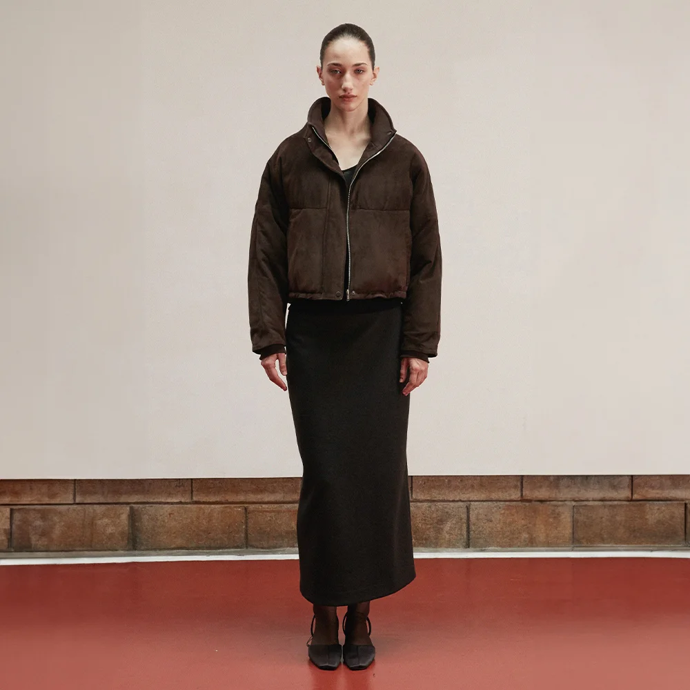 Suede Cropped Puffer Jacket_Deep brown