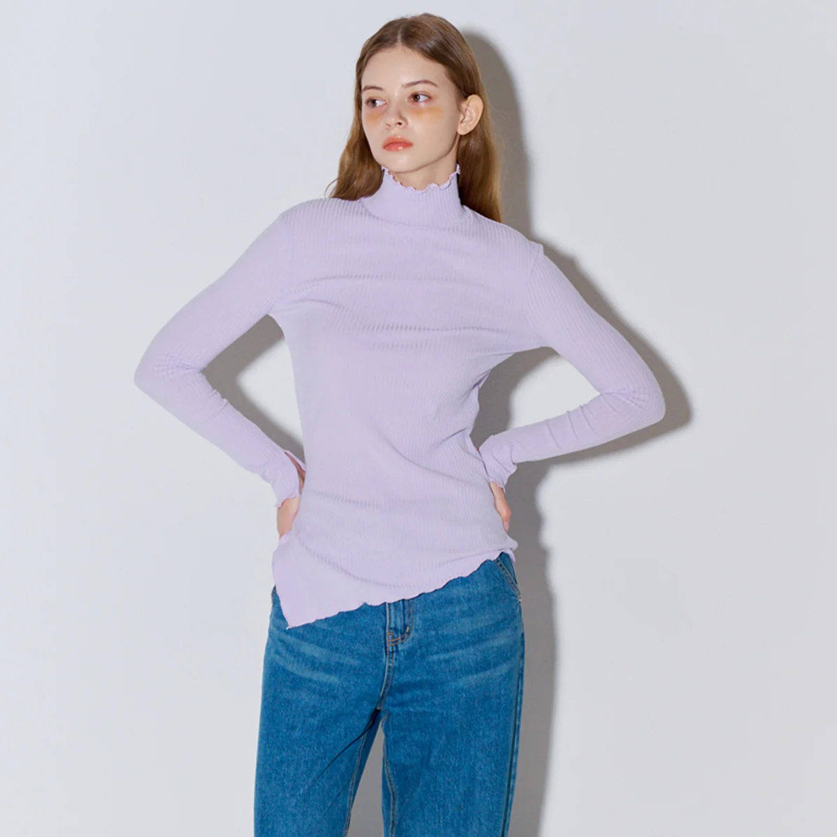 High neck Slit Ribbed Jersey Top Lavender