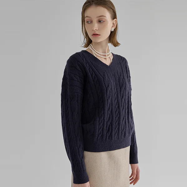 HAIRY V-NECK CABLE KNIT (T-6659)