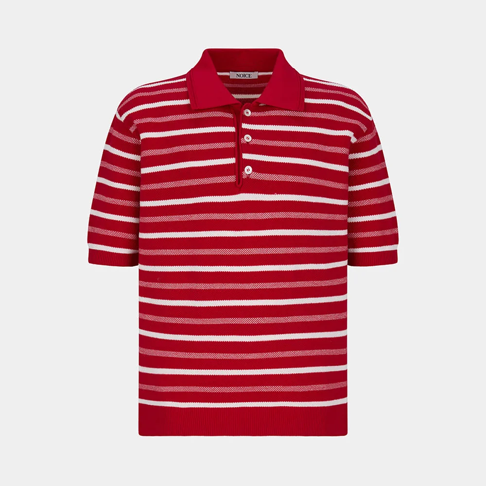 COTTON STRIPED KNIT POLO SHIRT - RED
