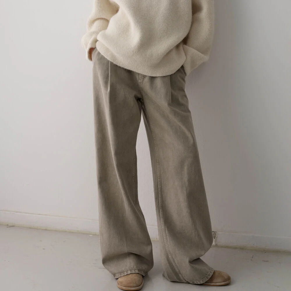 經典 單褶 牛仔_khaki beige