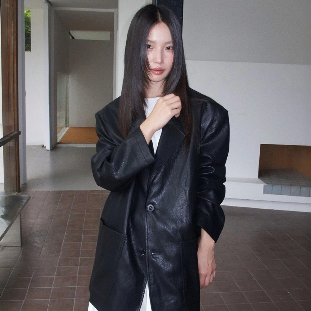(woman) 外 口袋 單片裝 皮革 外套_Black