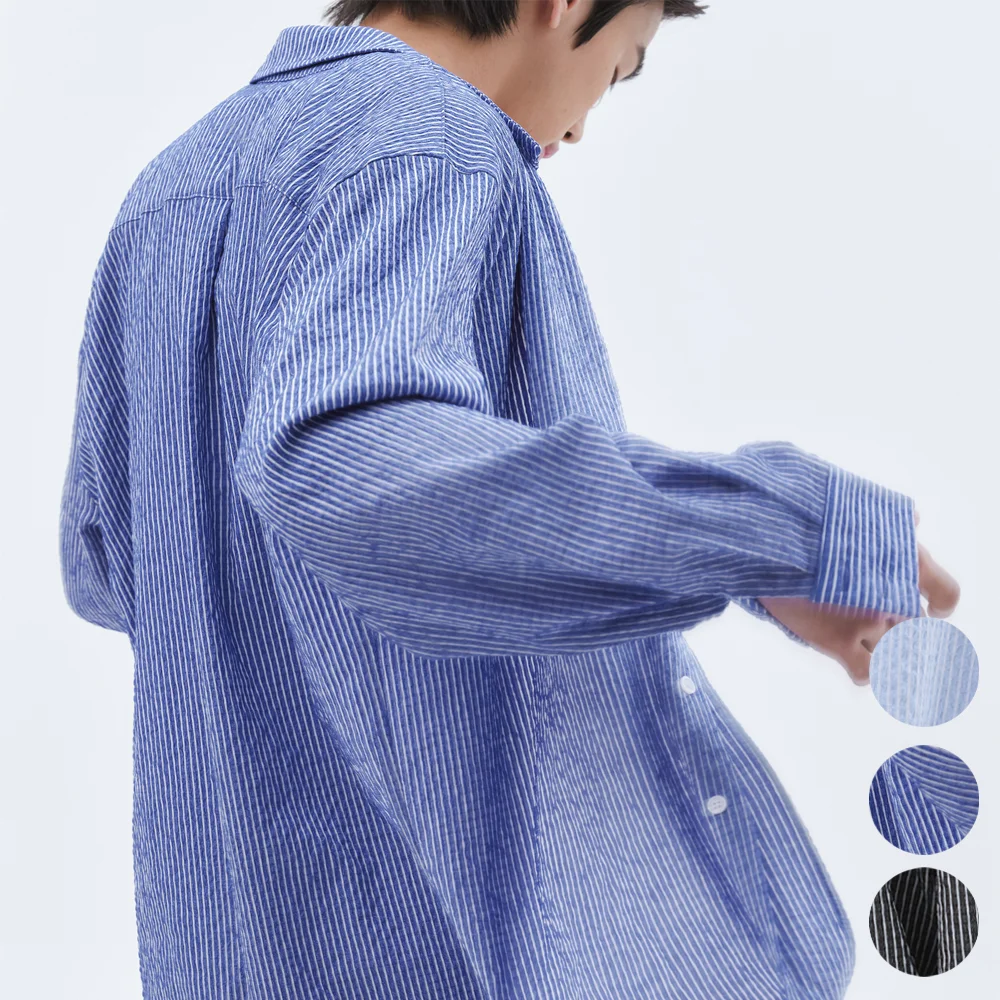 沉穩 夏季 百褶 寬鬆 襯衫_條紋 3 Color