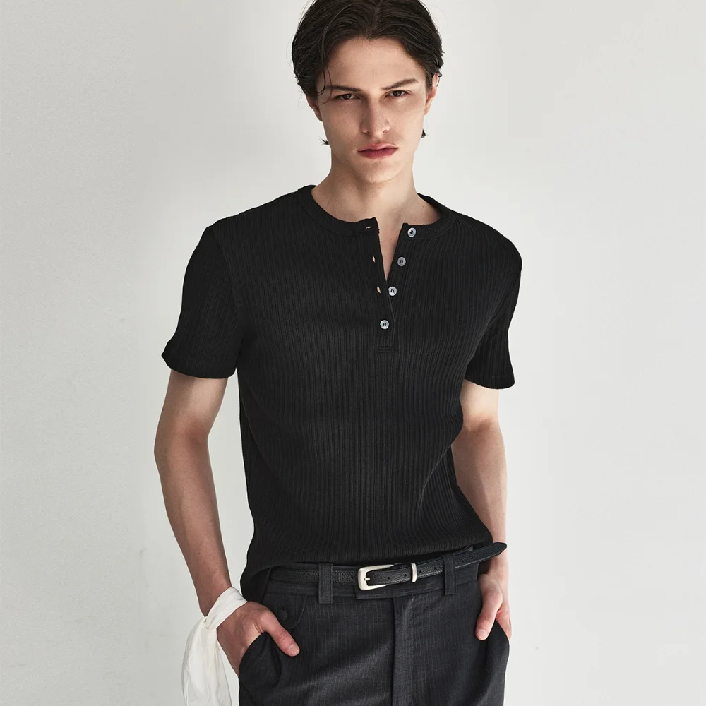Wale Cotton Henley Neck Top_Black