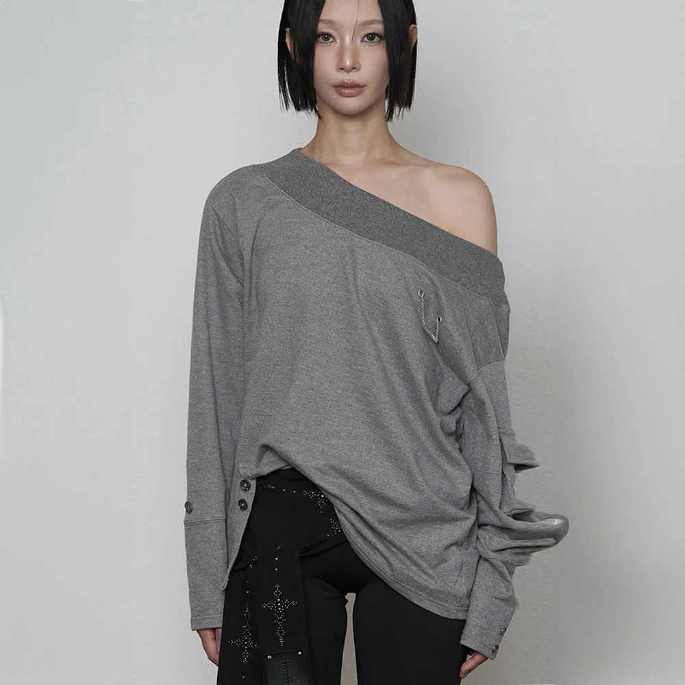 One-shoulder Pocket Button Slit Overfit Long Sleeve (GRAY)
