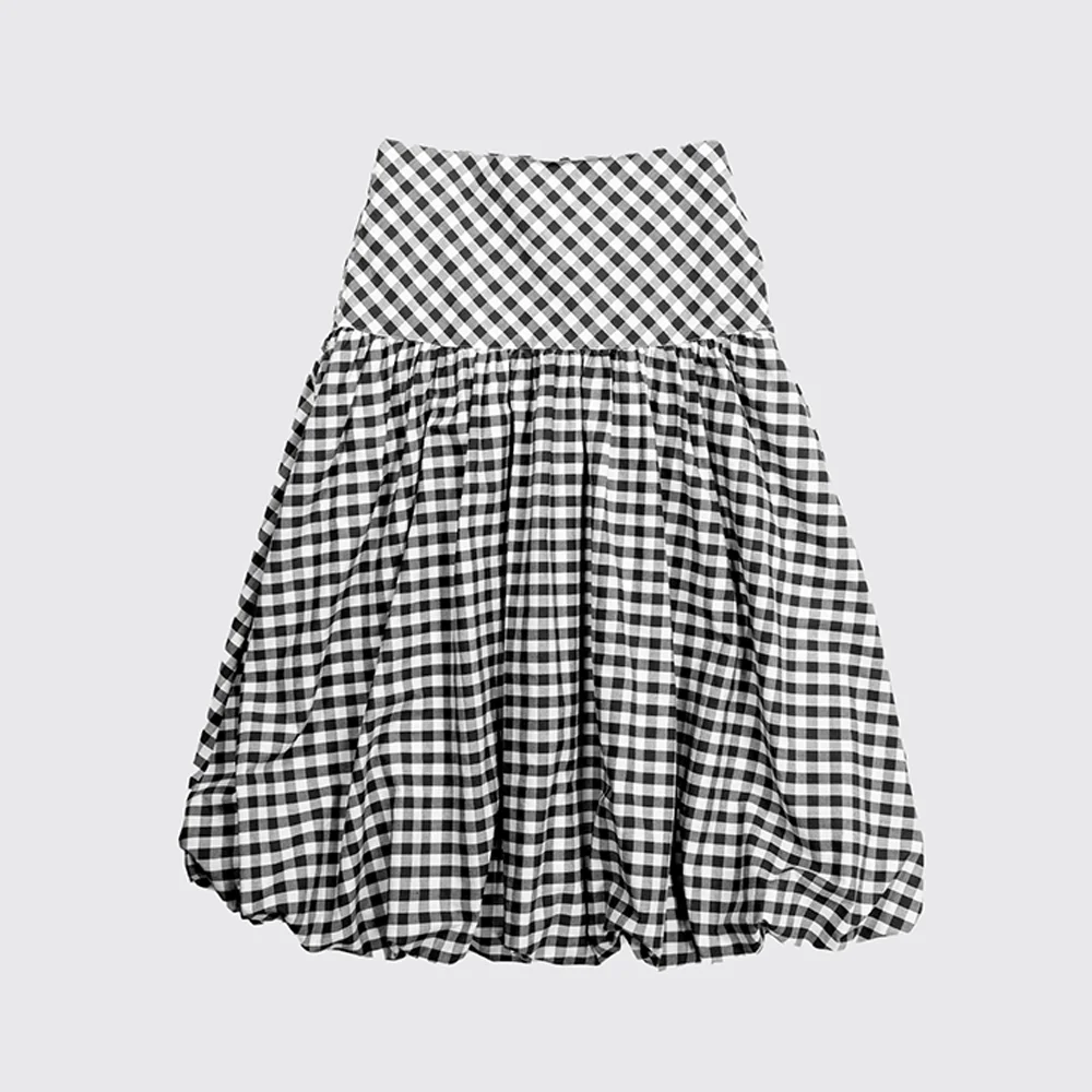 RUFFLE PLEATED BALLOON CHECK SKIRT - BLACK CHECK