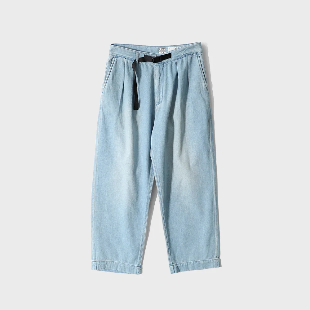 Corrigin Belted Wide Denim Pants Light Blue