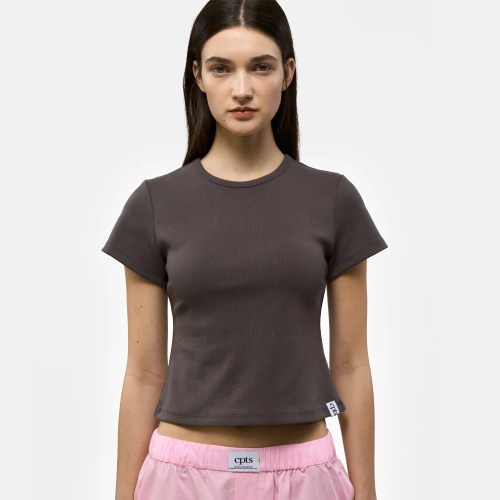 U NECK COTTON CROP TEE_CHARCOAL
