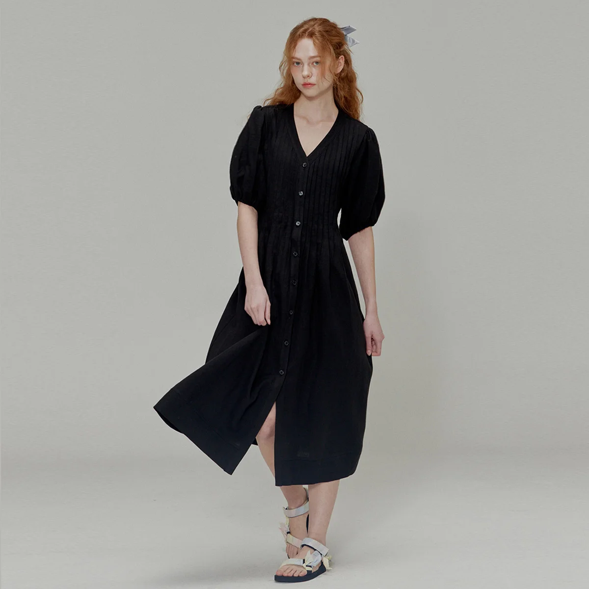 Linen Pleated Dress_Black