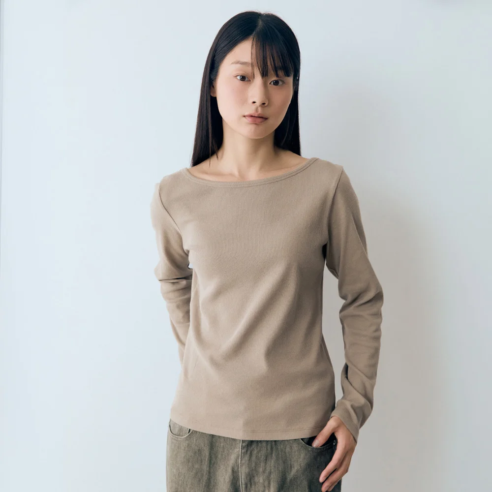 W 羅紋 船領 雙面 T恤 Mocha