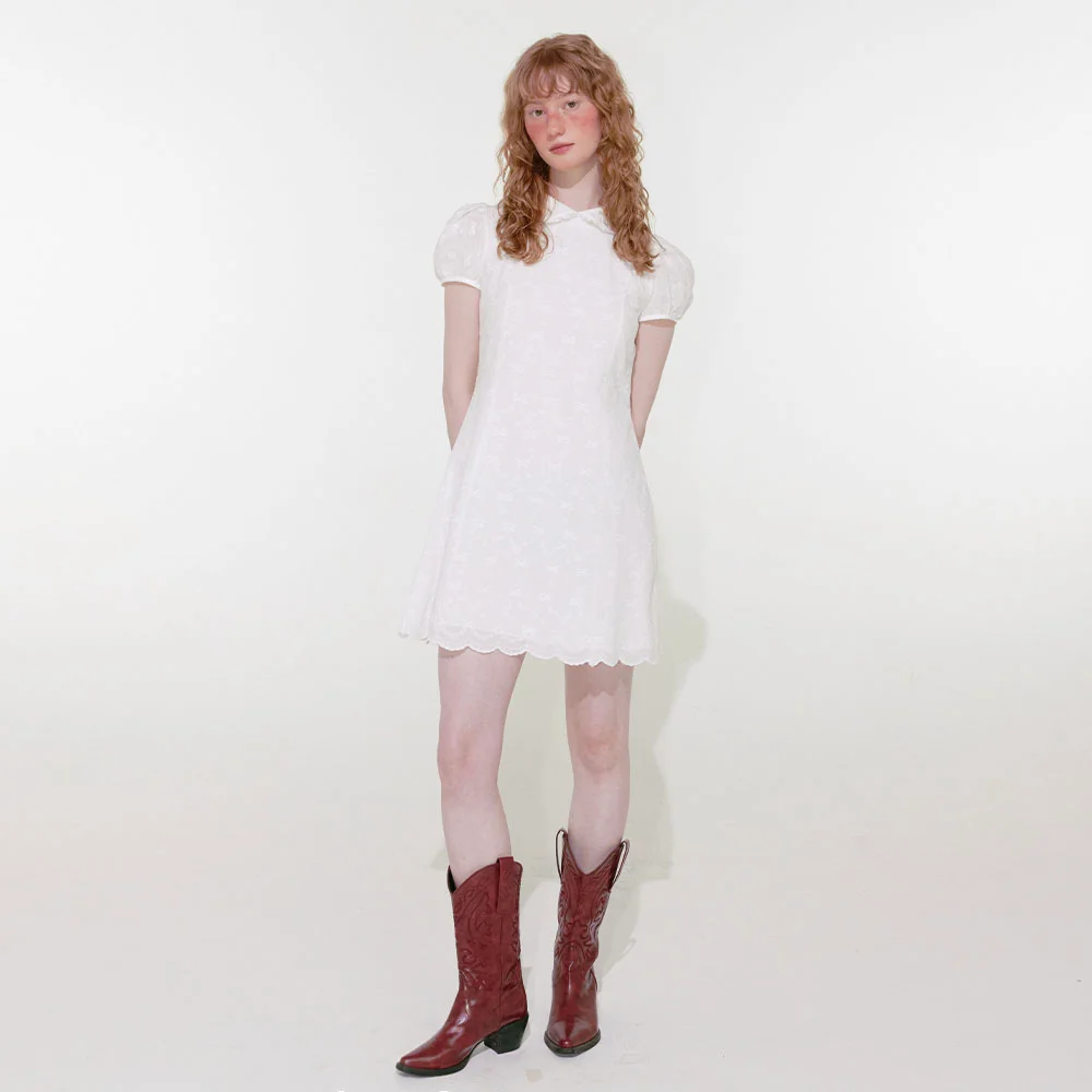 Ribbon Collar Mini Dress (White)