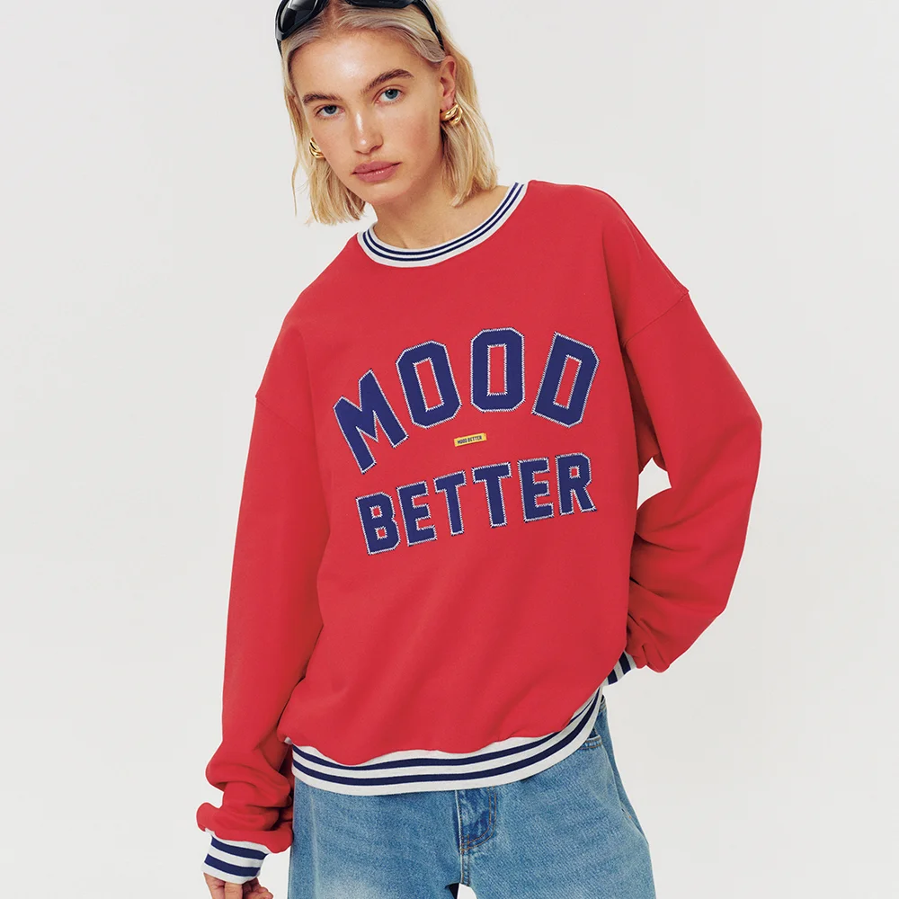 COLLEGE STRIPED RIB SWEATSHIRT RED