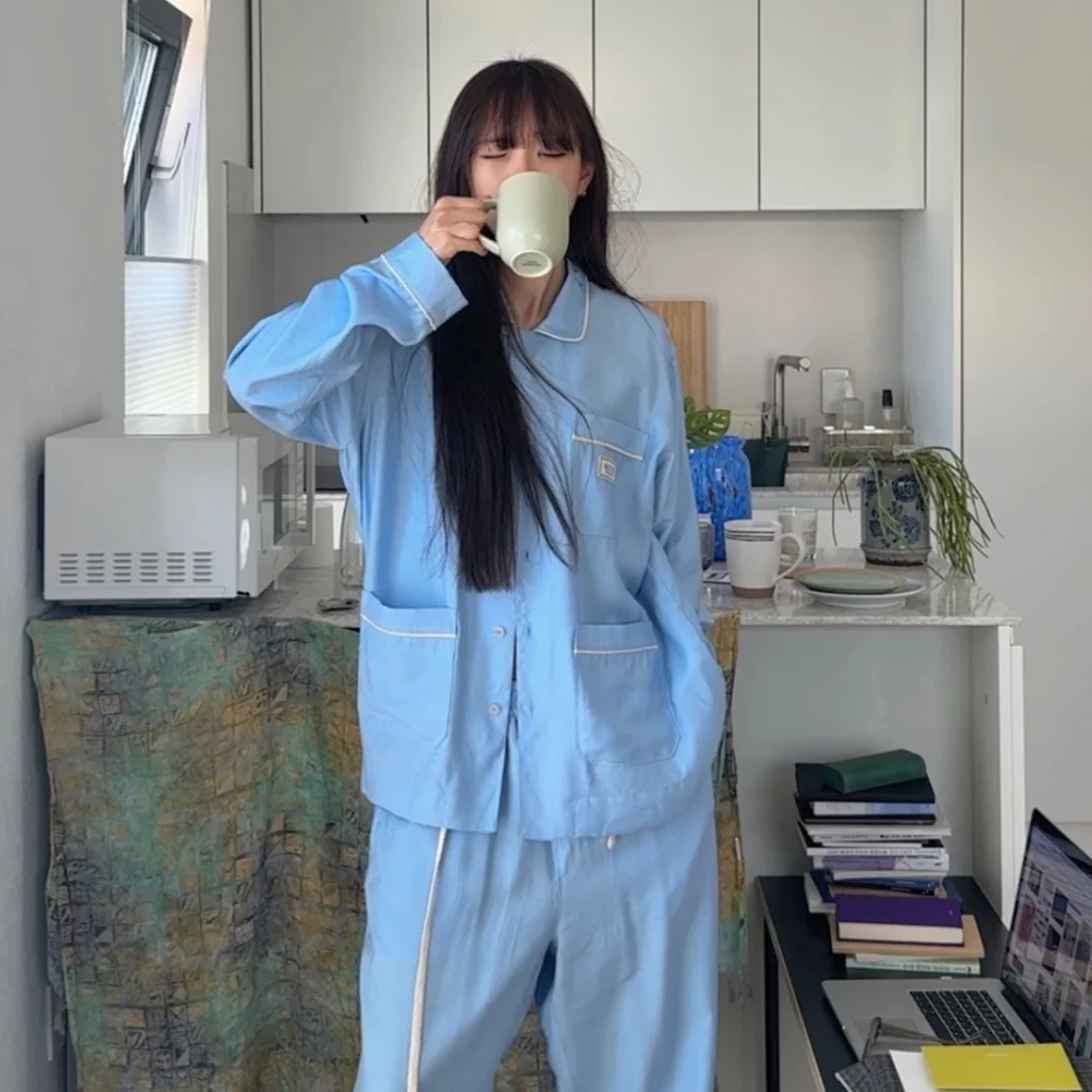 家居服 開襟 衣領 襯衫 天藍色 藍色
