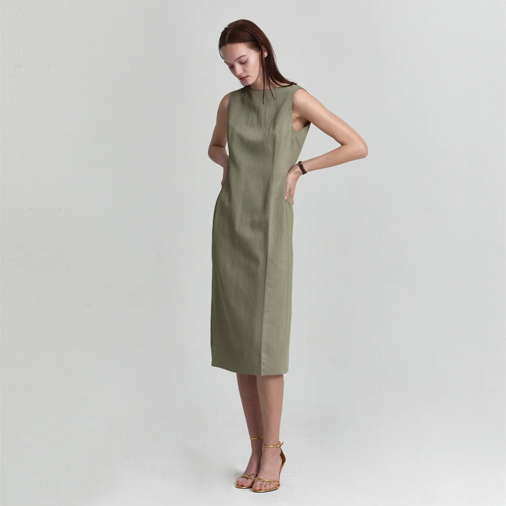 MIDI DEEP V-NECK SLIM DRESS_LIGHT KHAKI