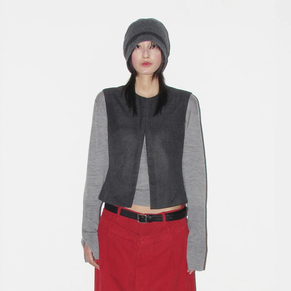 WOMENS SLEEVE CLOSURE V-NECK WOOL KNIT GREY