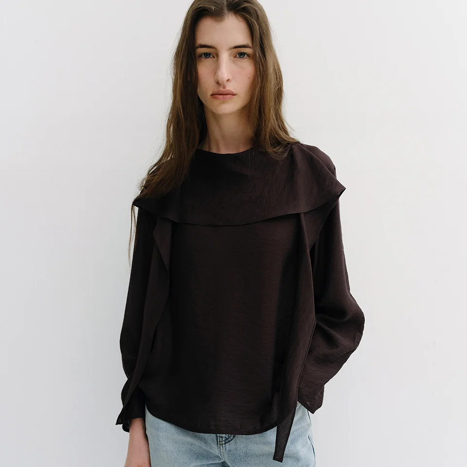 drape scarf blouse (plum brown)
