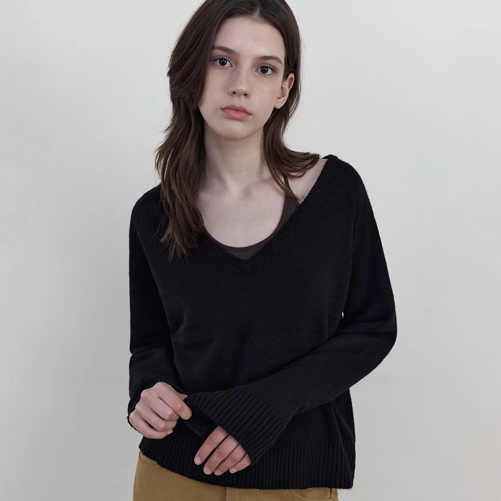 Nive Lambswool Deep V-Neck Knit_BLACK(WCB6KN75)