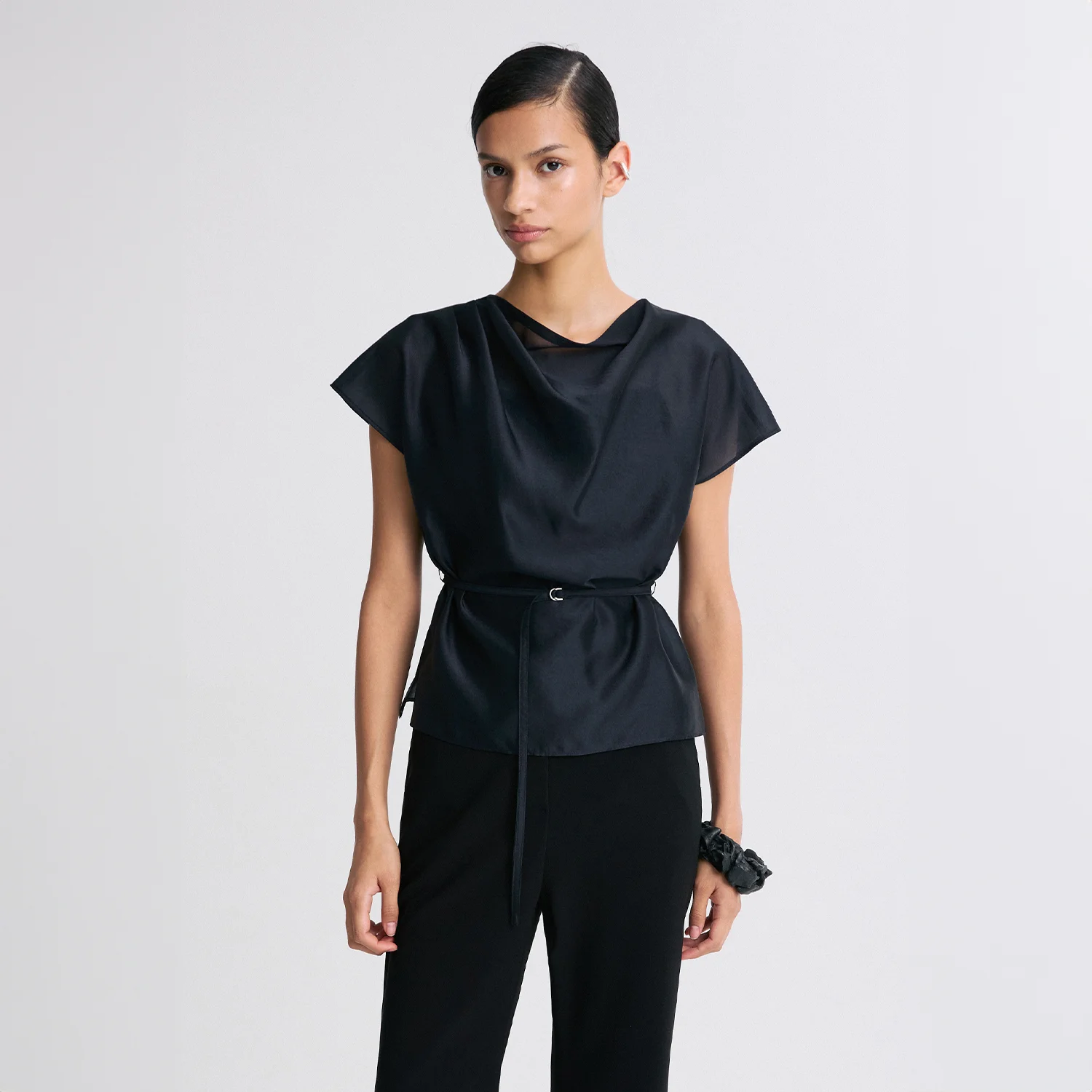 SHEER BELTED BLOUSE MIDNIGHT NAVY