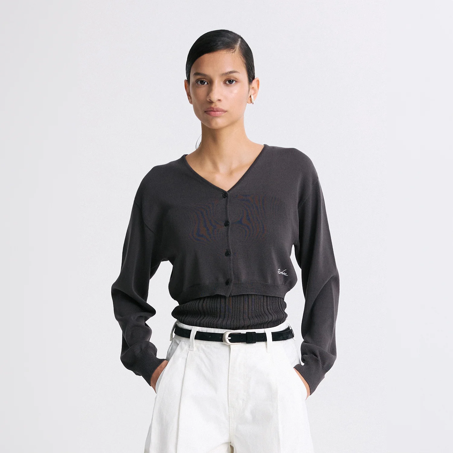 V-NECK CROPPED KNIT CARDIGAN CHARCOAL
