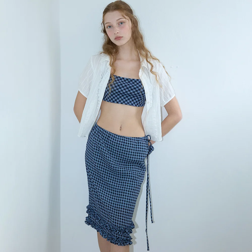Check ruffle skirt_blue