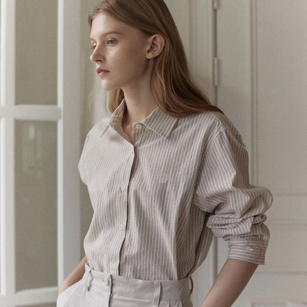Emblem Logo Stripe Shirt - Beige
