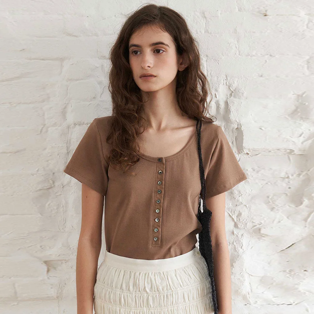 U-Neck Button T-Shirt(Beige)