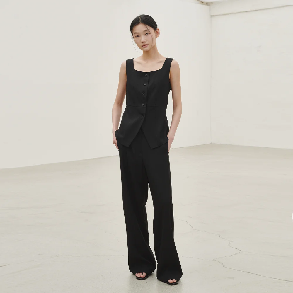 亞麻 雪紡衫 套裝- 黑色 / Linen Vest Blouse Set up - Black