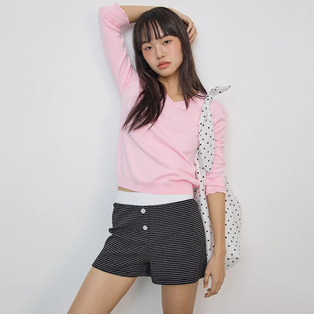 Lace V-neck knit_pink
