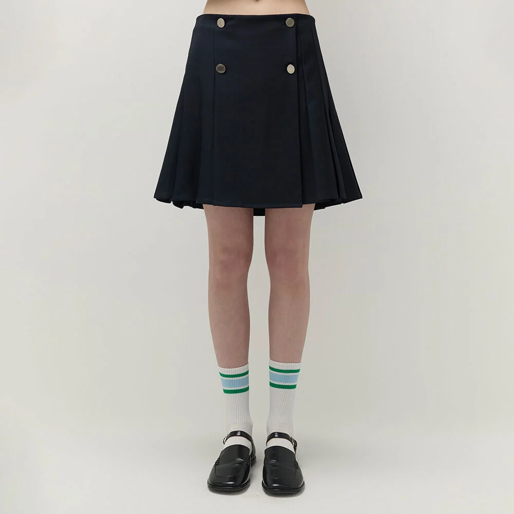 Classic Pleated Button Skirt (Navy)