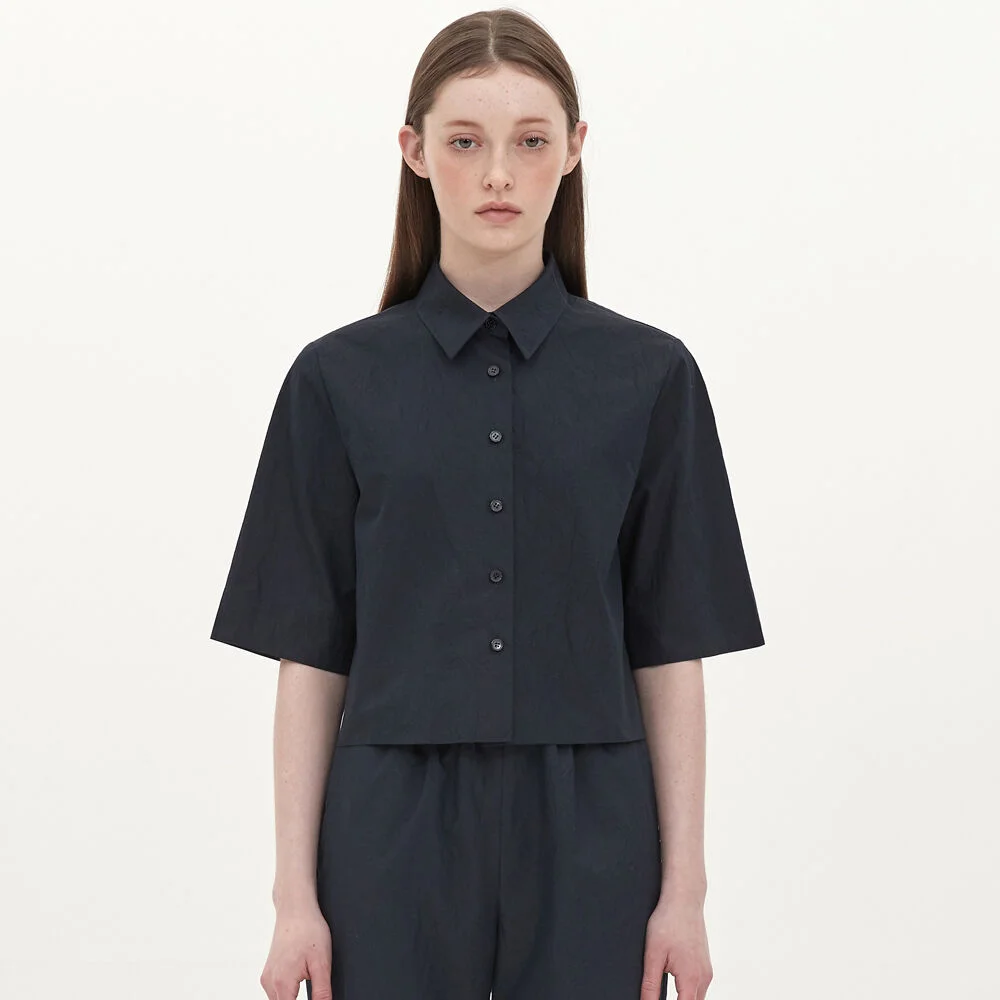 crease cotton crop shirt_navy