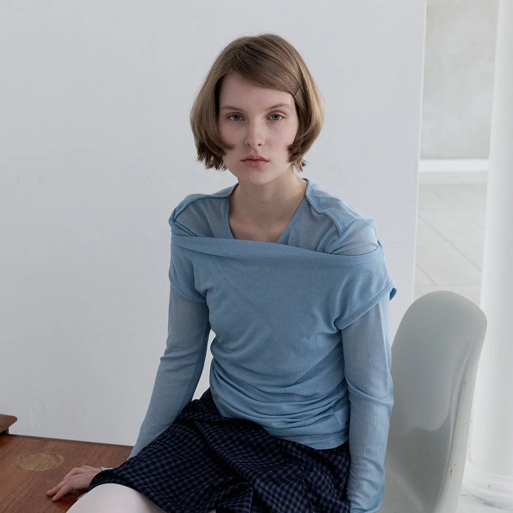 Draped Wool Tencel Layered Tee Set (Lake blue)