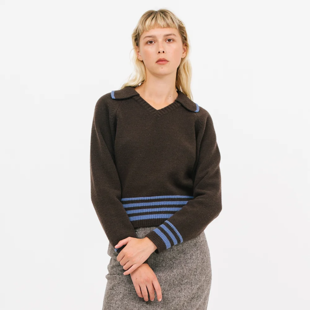 open collar stripe knit_choco