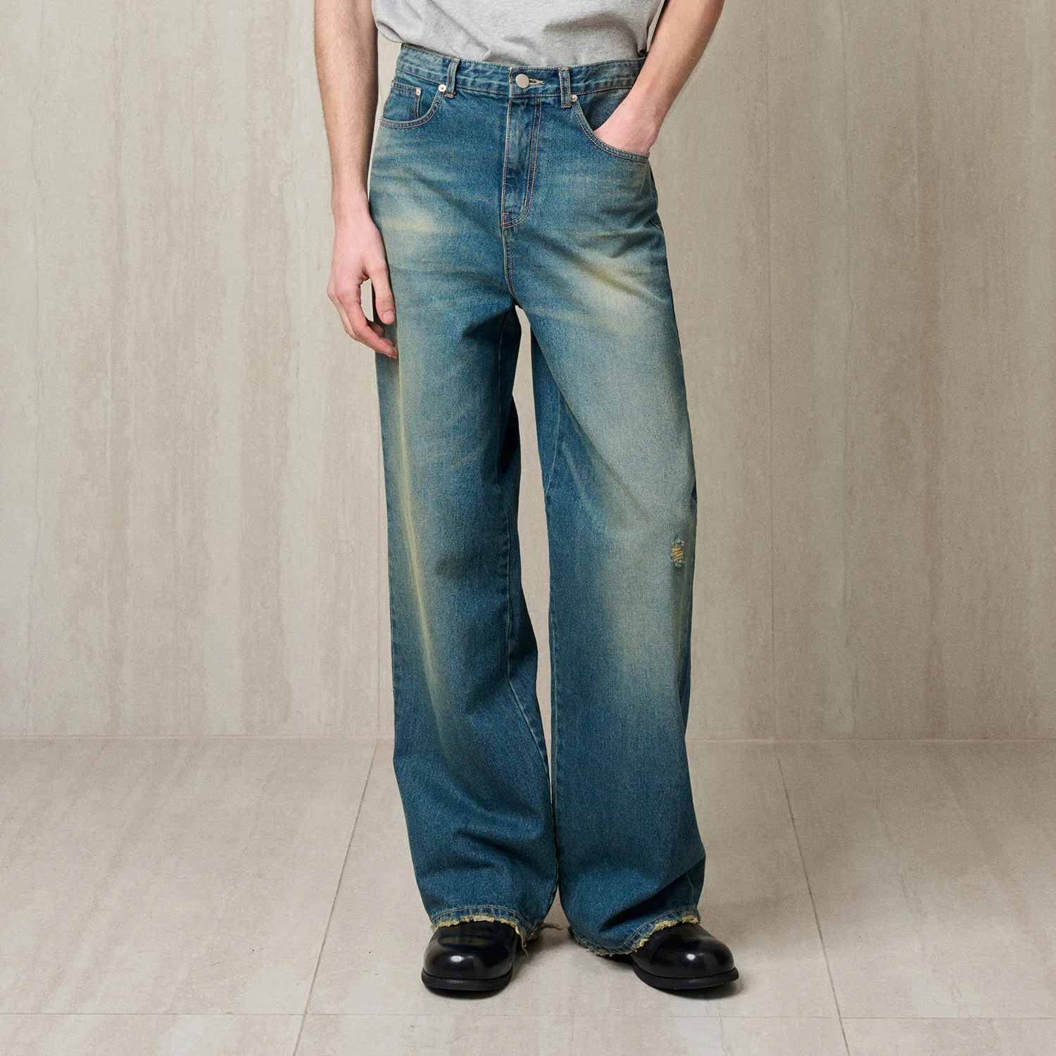 WIDE LEG WASHED DENIM PANTS