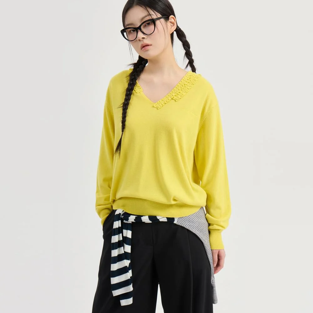 V Neck Frill Knit Pullover (yellow) LFWAM26320YEX