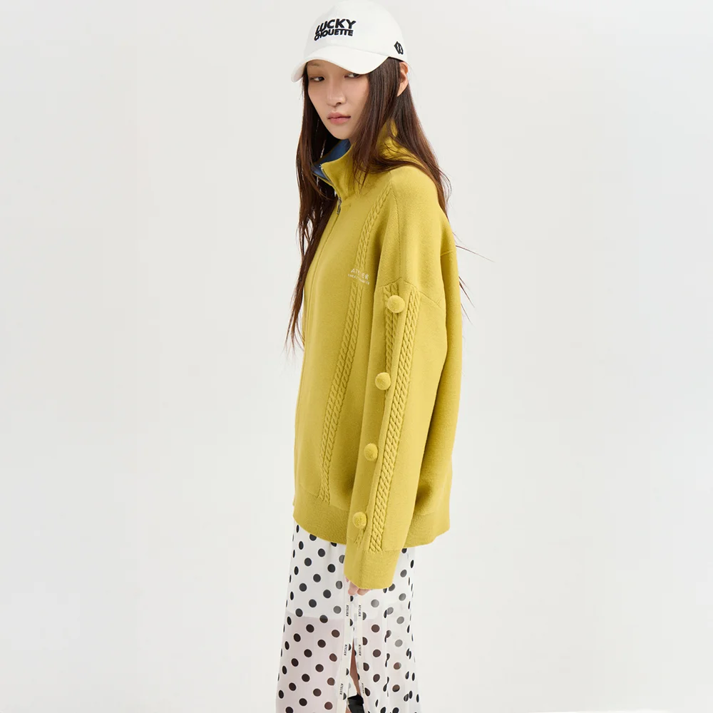 Pompom Zip-up Knit Cardigan (olive) LFWCM26820OLV