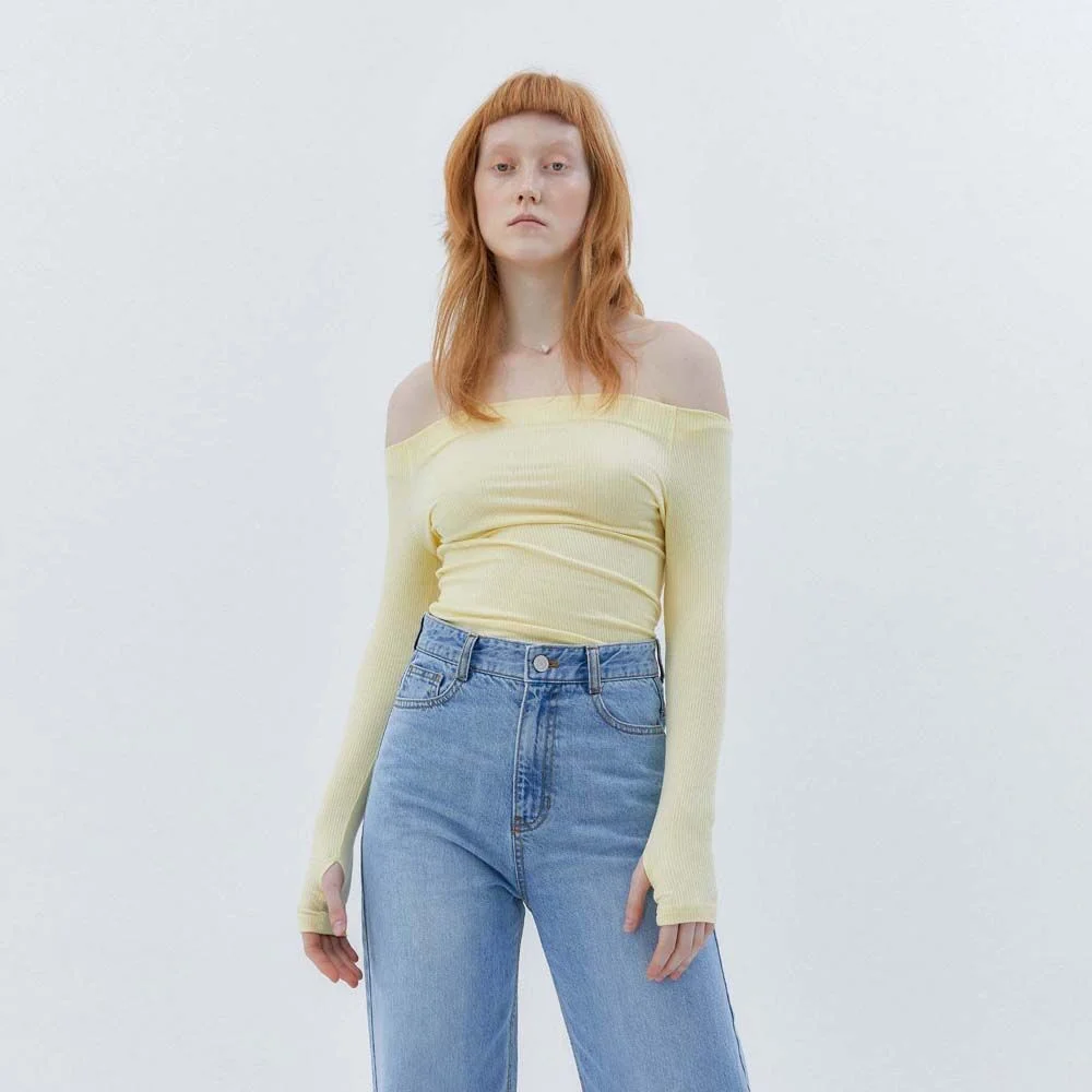 OFF SHOULDER BASIC T-SHIRTS - YELLOW