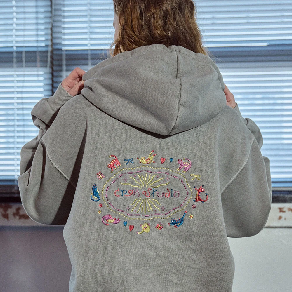 貓咪刺繡 Pigment 連帽衫 拉鏈 幽靈灰