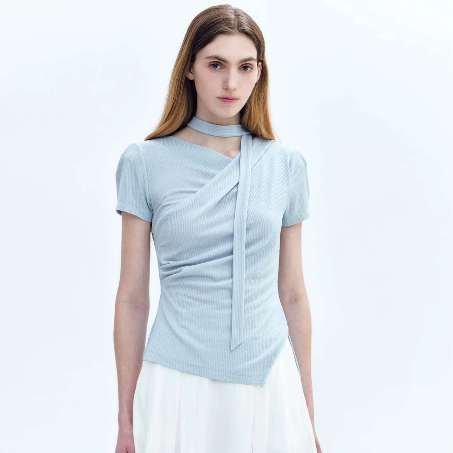 Unbalance Draped Short-SLV TOP BLUE