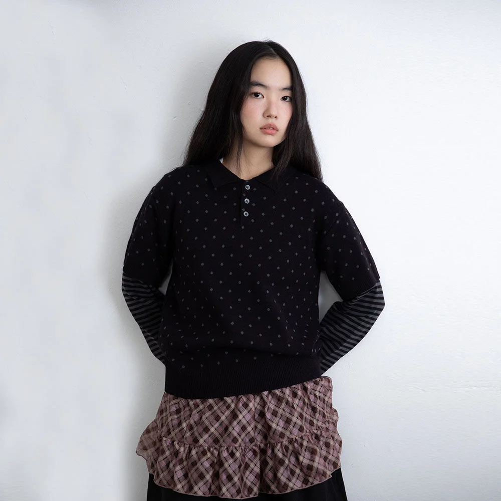 DOT STRIPE LAYERD COLLAR KNIT_BLACK(IK2FFMK641A)