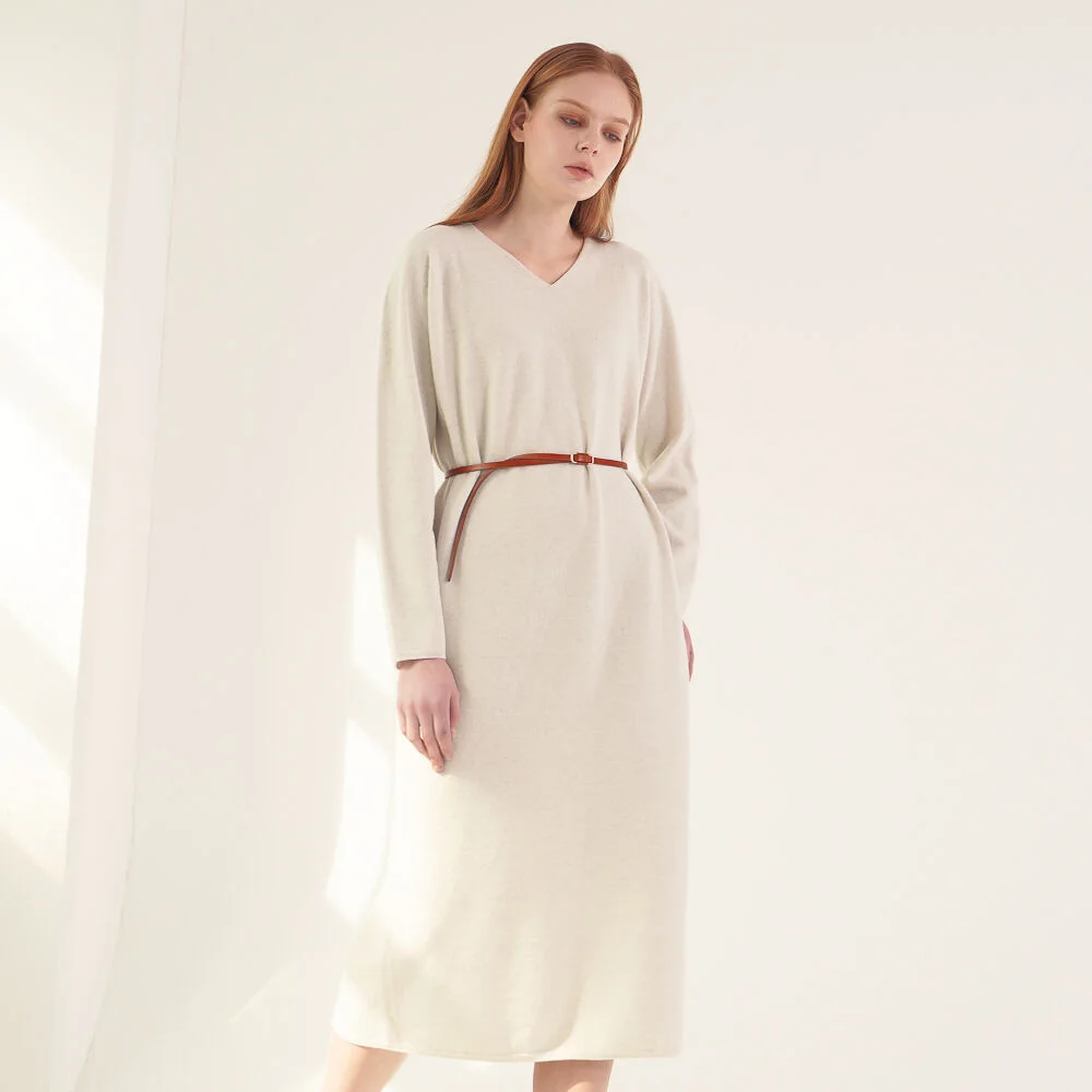 V neck Knit Long Dress_S.Grey