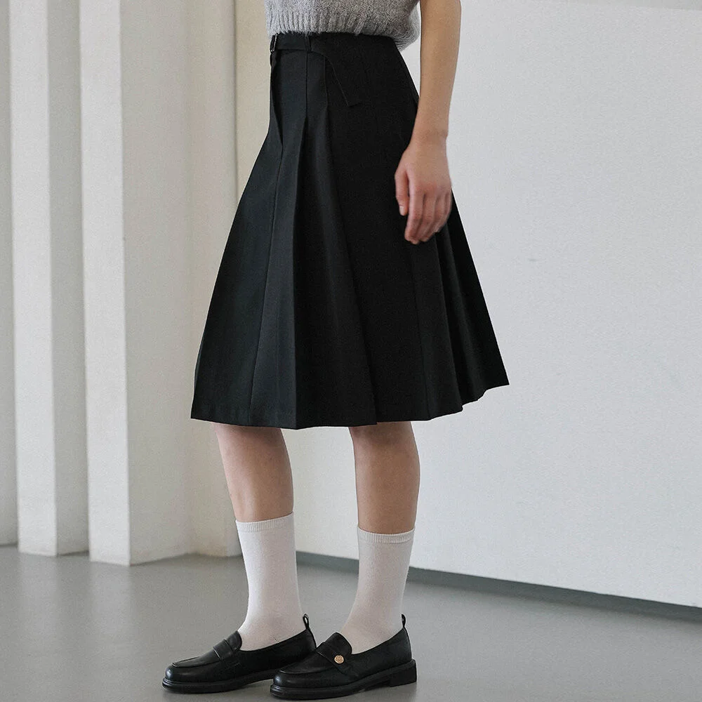 Belt Pleats Midi Skirt
