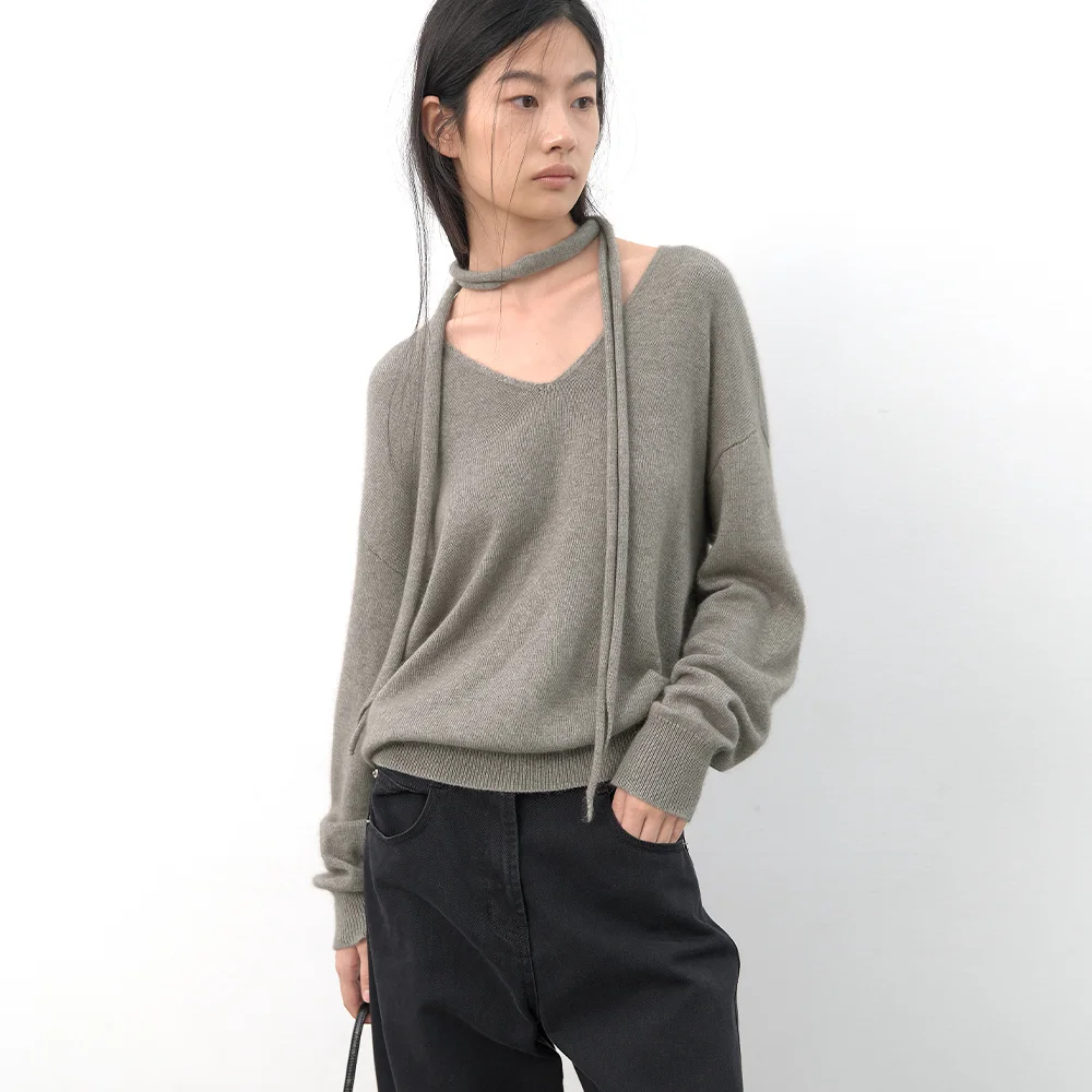 (T-7300)RACOON BLENDED MEFFLER SET V-NECK KNIT S