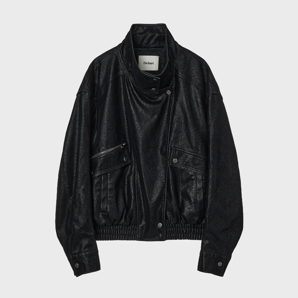 FAUX BOMBER LEATHER JACKET IN BLACK