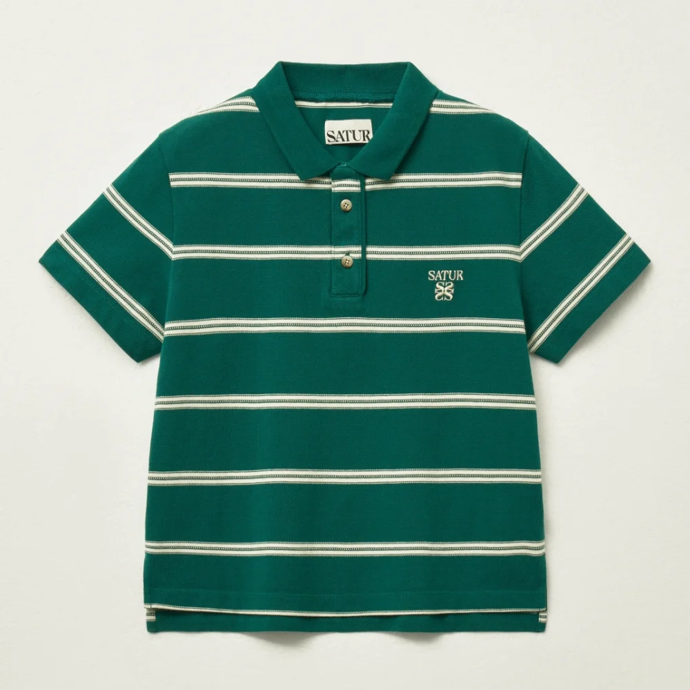 (W) 條紋 珠地 Polo 短袖 T恤 深 綠色