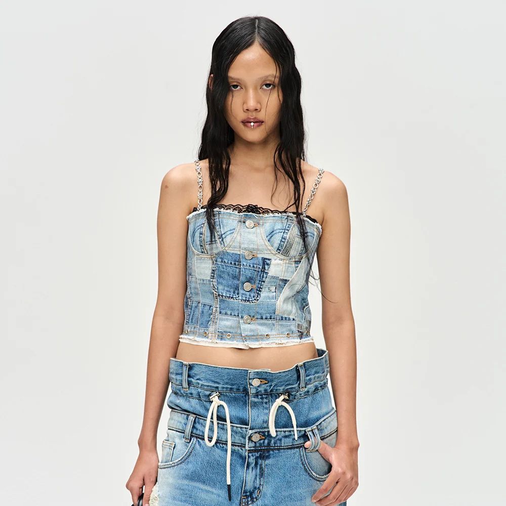 (WOMEN) ALL-DENIM PRINTED BUSTIER TOP atb1124w(BLUE)