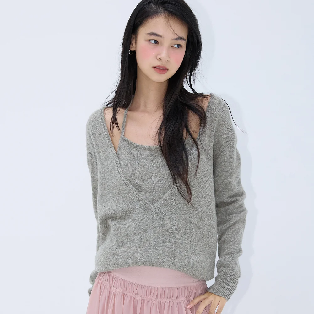 Deep V-neck Wool Knit Set Sage grey