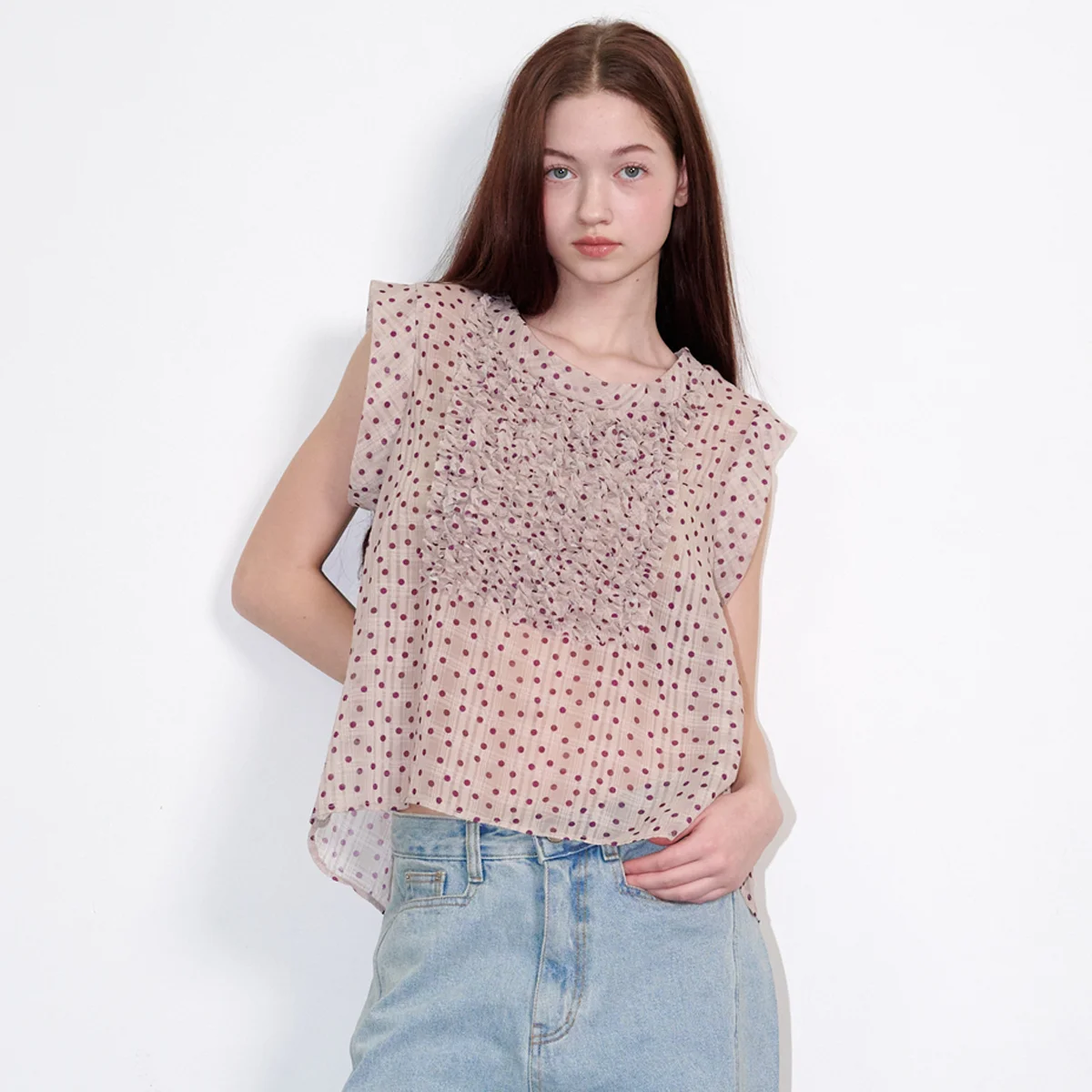 Dot Frill Chiffon Blouse Beige