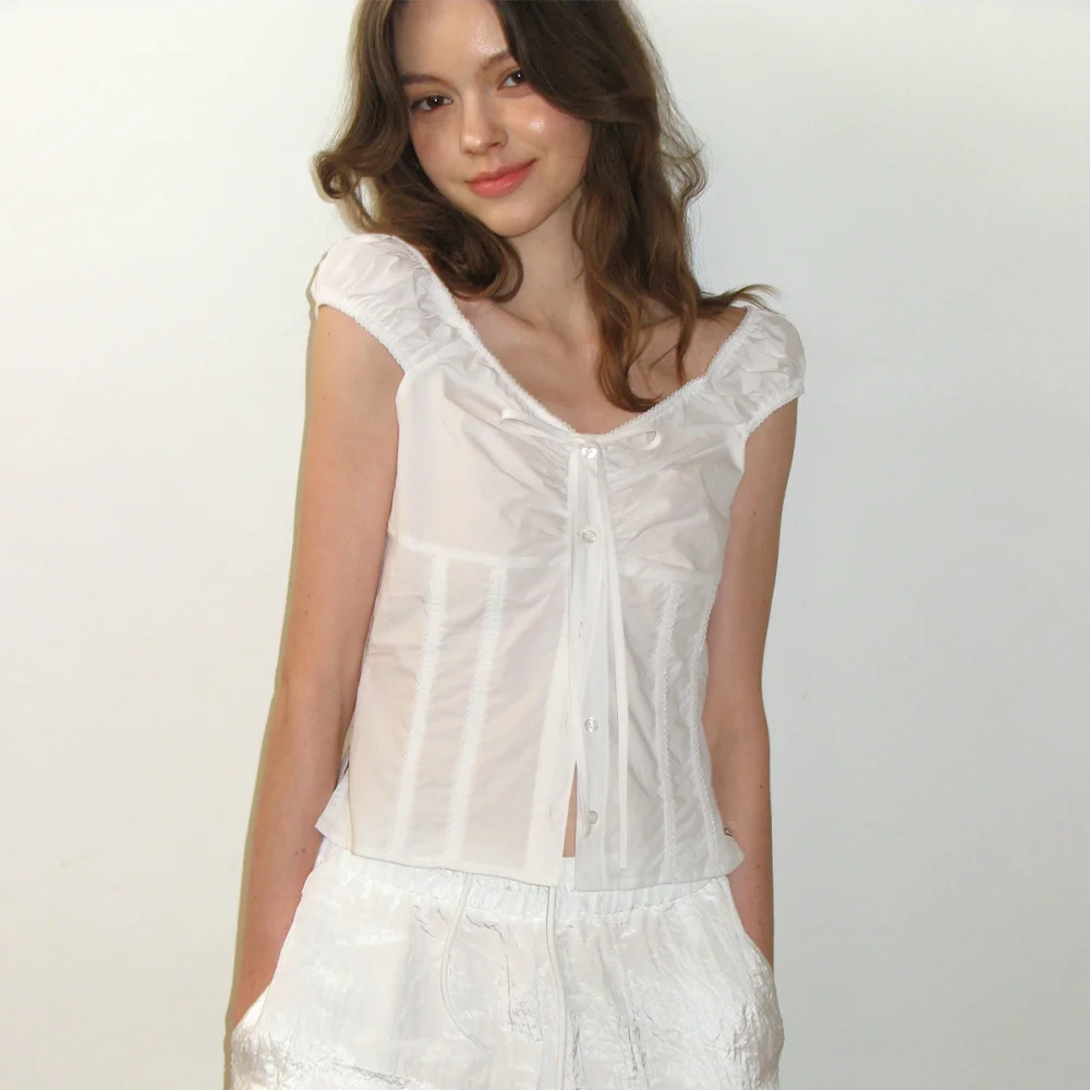COTTON LACE SHIRRING BLOUSE_WHITE