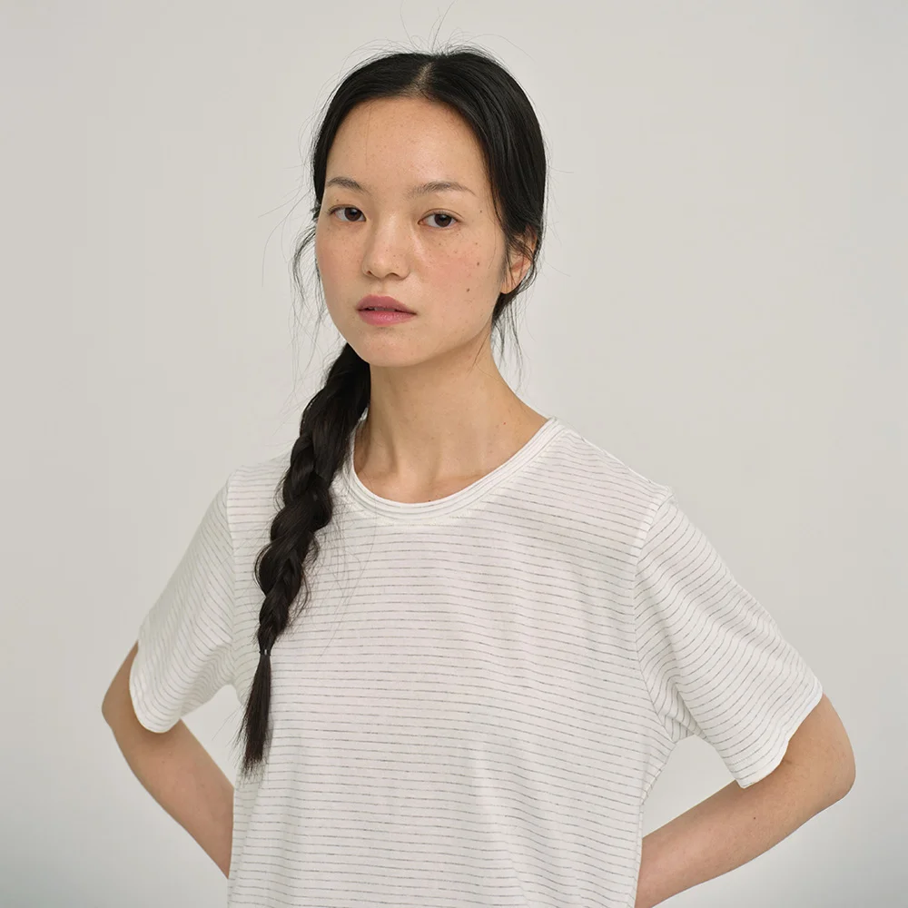 W 有機 條紋 短袖 T恤 Melange Gray